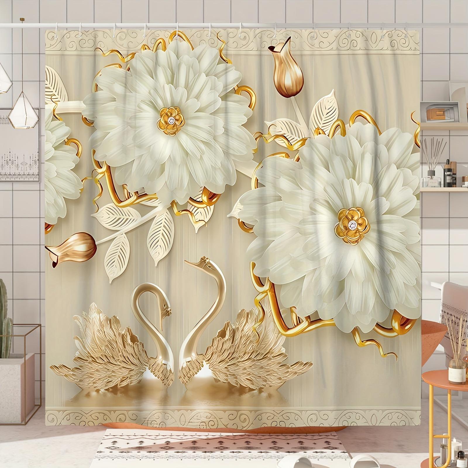 

1Pc Shower Curtain - Elegant White Flowers And Golden Swans Design For A Luxurious Bathroom Waterproof W60H190(CM)-1 Pcs