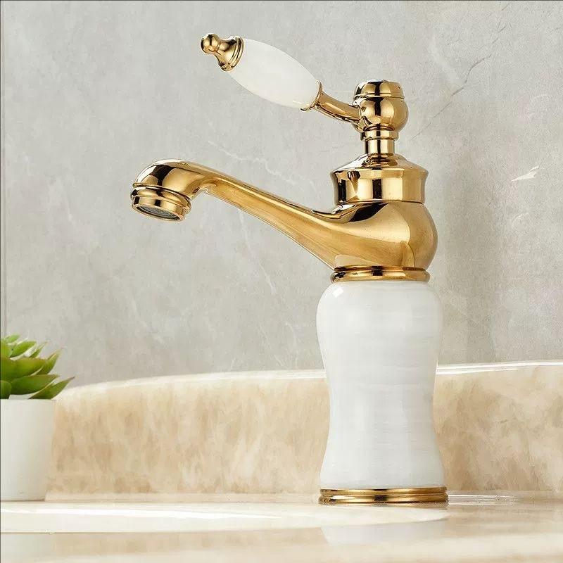 Rose Gold Luxury Bathroom Basin Faucet Single Jade Handle Vanity Sink Mixers Water Taps Brass Natural Jade Basin Sink Faucet