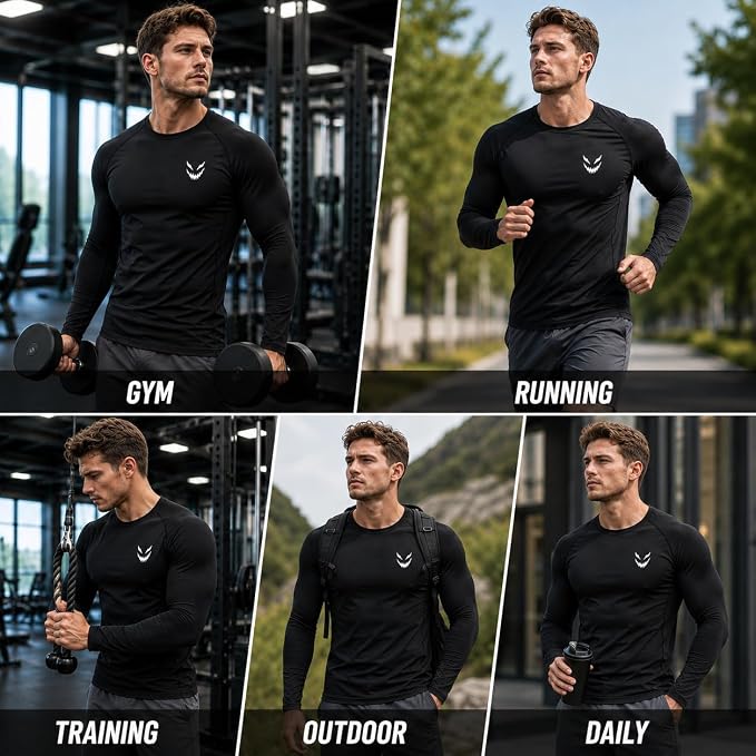 Maglie compressive a maniche lunghe da uomo Traspiranti Elastiche Palestra Sportive Strato di base