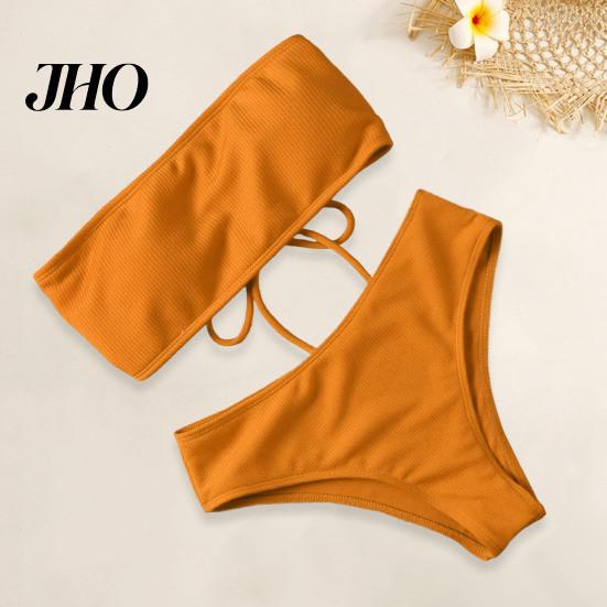 Bikini Set 1 Women Beach Suit with Chest Pad No Underwire Solid Color Elastic Female Bandeau High Waist Bathing Two-piece Swimming Trunks Split