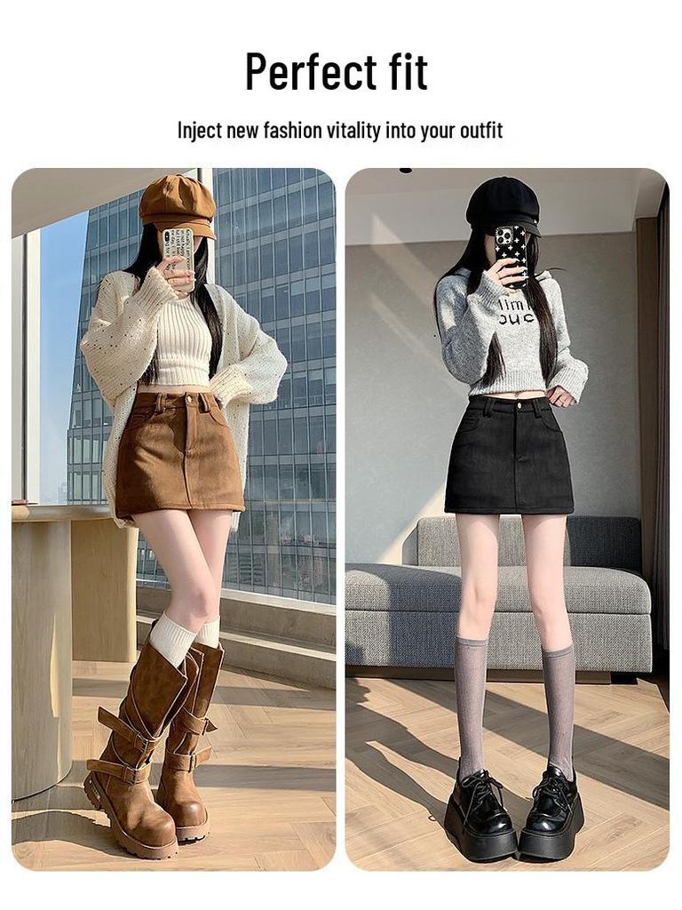 Retro Coffee Suede A-line Mini Skort for Women - Autumn/Winter High Waist Slimming Design