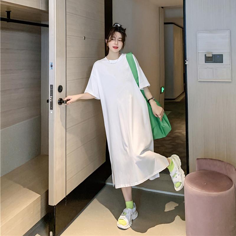 Summer New Round Neck T-shirt Dress, Solid Color Long Loose Plate-size Dress, Laid-back Style Women's Dress, Over-the-knee Sleeping Dress