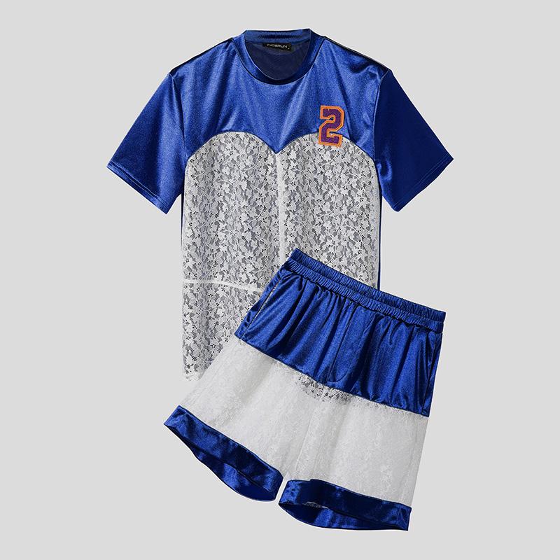 INCERUN Two-pieces Men's Short Sleeve Lace Patchwork T-Shirts Mesh Shorts Outfits Sets
