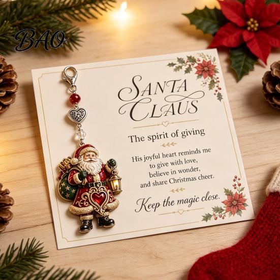 Stylish Key Holder for Women Christmas Keychain with Blessing Greeting Card, Vintage Metal Holiday Party Decoration Gift Charm Pendant, Bag Accessory,