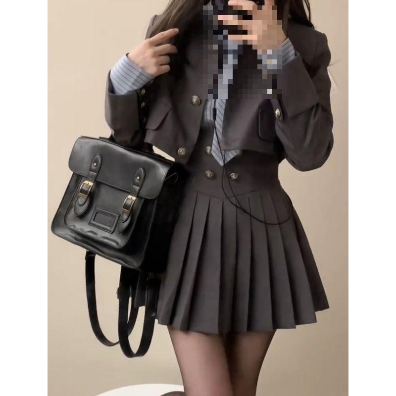 

Autumn College Style: Short Suit Jacket, Long-Sleeve Striped Shirt & High Waist Pleated Skirt Set XL