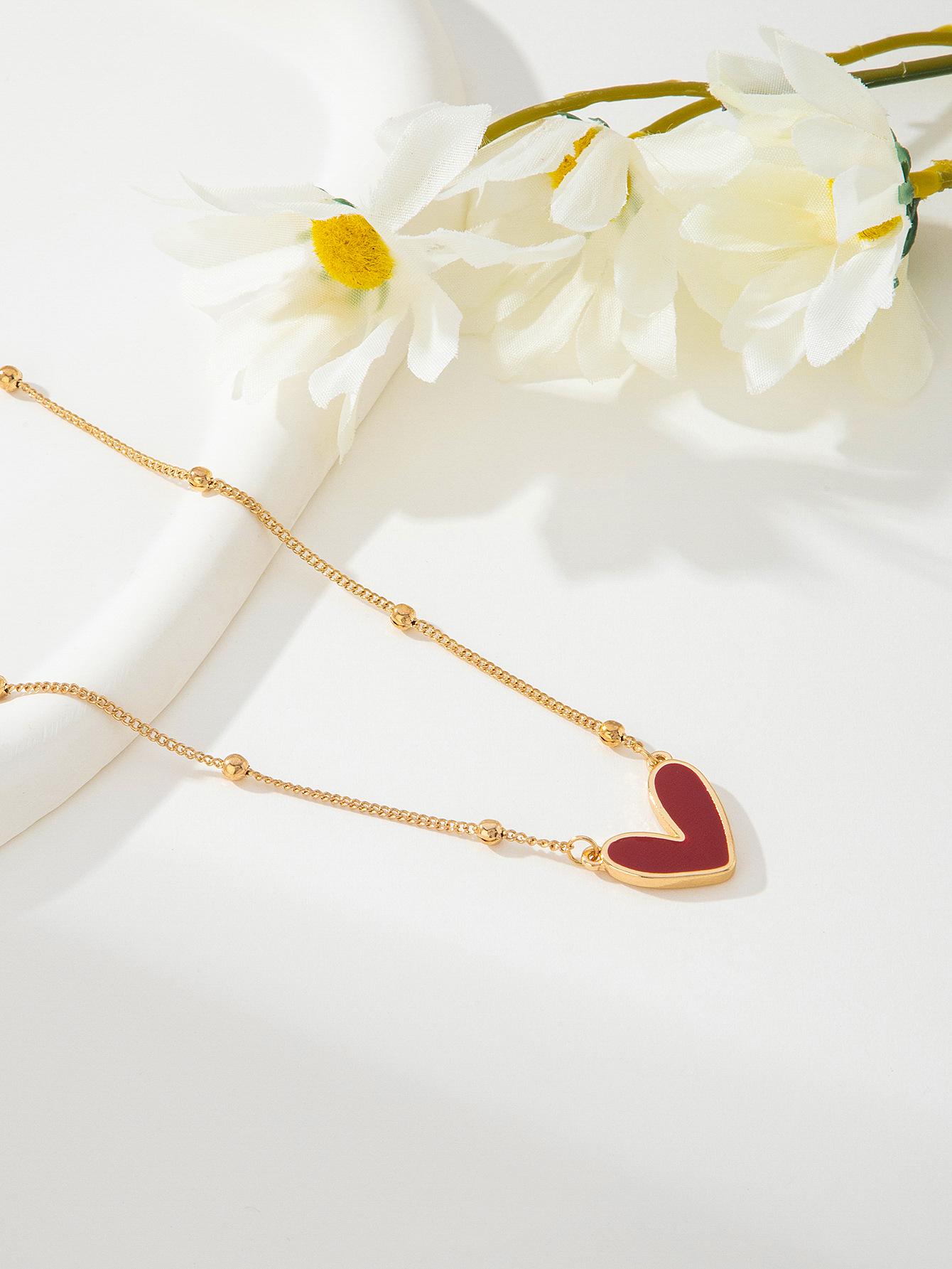 

Red Enamel Heart Pendant Necklace for Valentine s Day красный