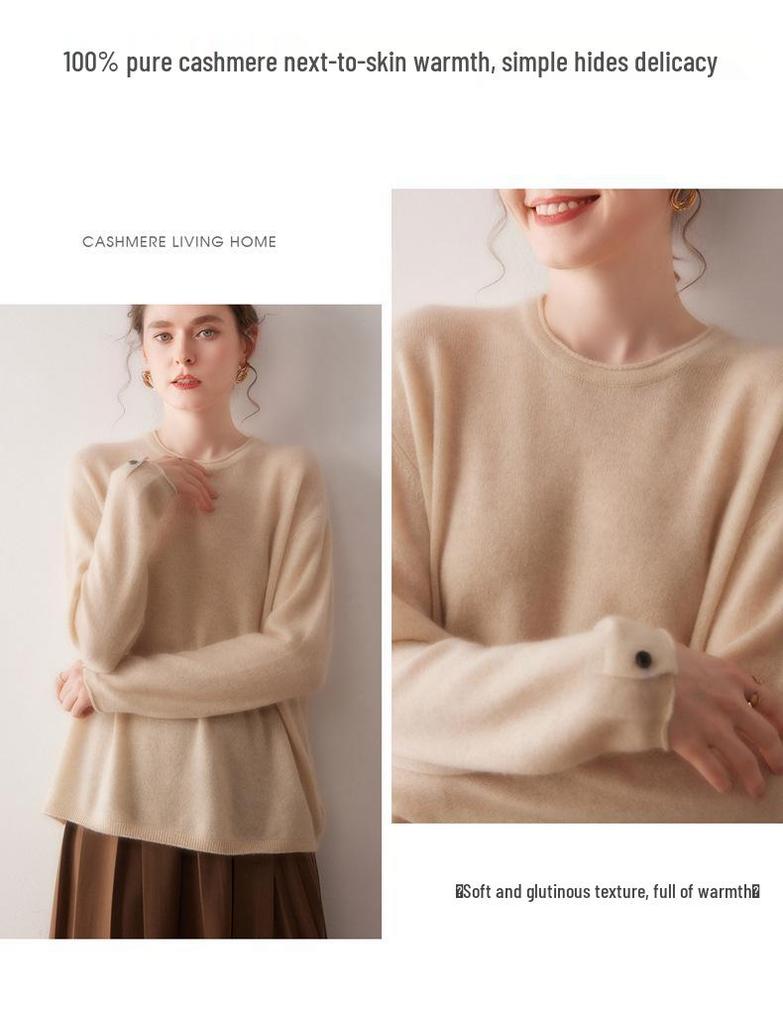 Women's 100% Pure Cashmere Raglan Sleeve Pullover - Solid Color, Round Neck, Long Sleeve, Autumn/Winter Knit Sweater.