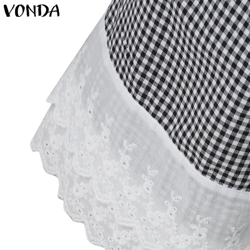 VONDA Women Casual Elastic Waist Drawstring Plaid Trousers