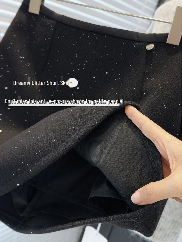 Französischer High-End A-Linien-Bodycon-Rock aus Wollmischung mit schwarzen Pailletten für Damen - Herbst/Winter