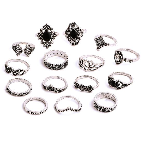 15Pcs/Set Women Hollow Lotus Sunflower Geometric Faux Gem Stacking Finger Ring