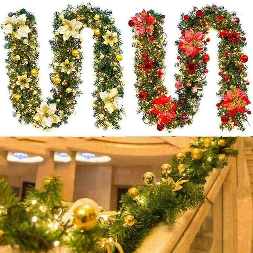 2.7M Christmas Garland Door Hanging Xmas Balls Christmas Wreath Artificial Flower with LED Lights Xmas Decorations Rattan