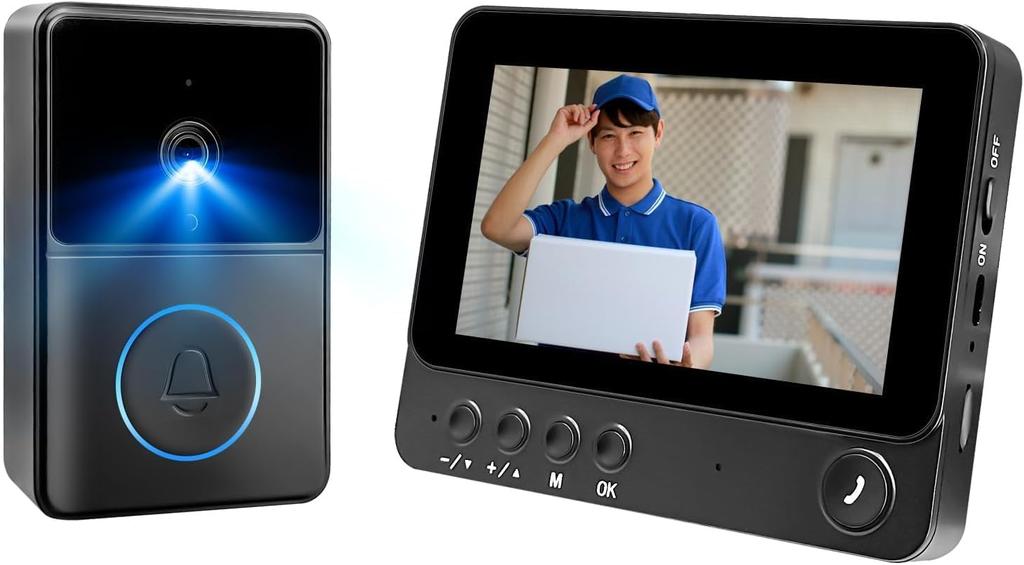 Video Door Phone with No Installation Wireless Intercom Wide Angle Waterproof Camera, Required, [Two-Way Calling/Automatic Recording/Night Vision],