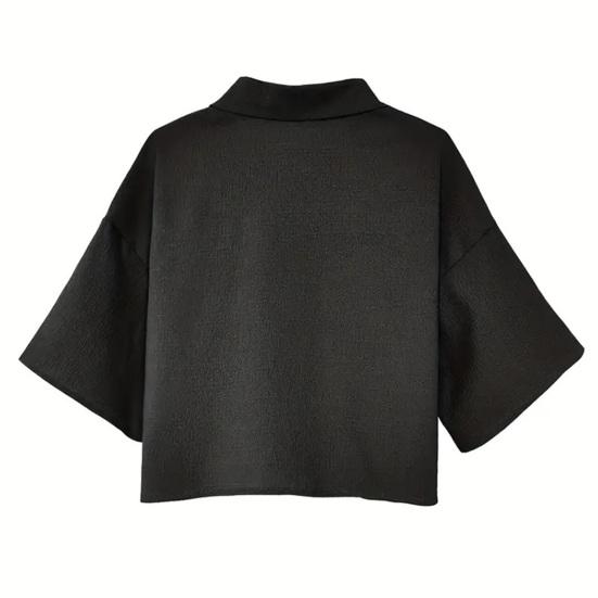 Camicia da Donna con Collo a Revers Manica Corta Top Corti Tipo Monopetto Casual con Tasca a Toppa