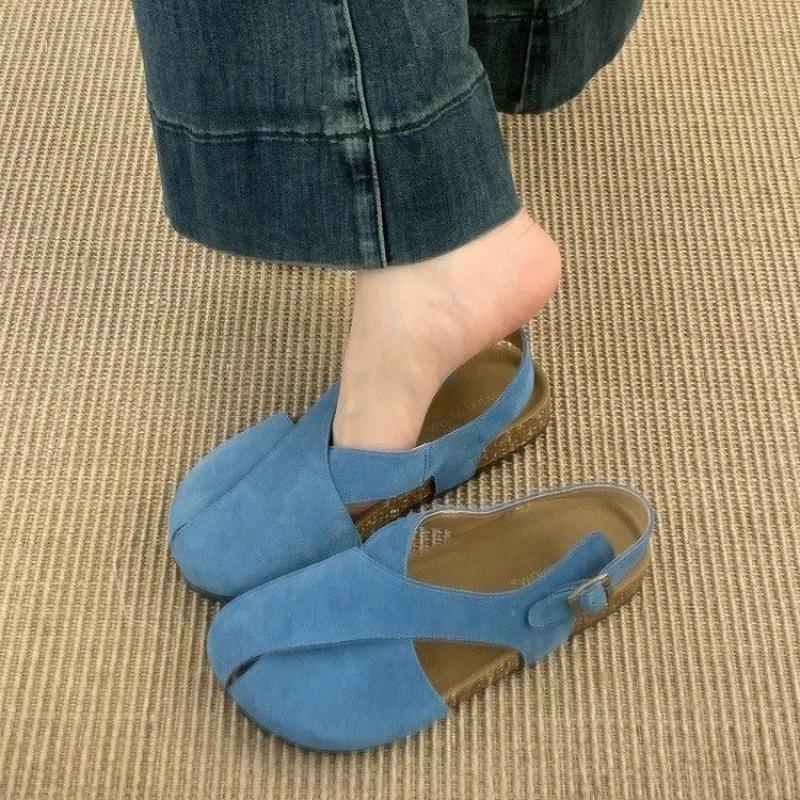 

2025 Summer Flats Sandals Women Platform Shoes Suede Designer Casual Buckle Slippers Brand New Walking Slingback Sandalias Mujer 35 бежевий
