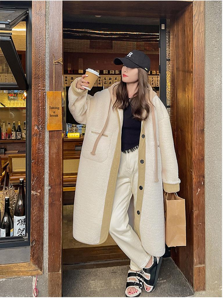 Jasnoszary Płaszcz Damski Zimowy Jesienny z Kapturem ze Sztucznego Futra Luźny Lenistwo Średniej Długości Bawełniany Gruba Pluszowa Kurtka Modny