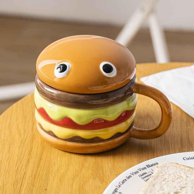 300ML Coffee Mugs Creative Hamburger Shaped Water Cup with Lid Cute and Cute Breakfast Cup Large Capacity Ceramic Hamburger Mug