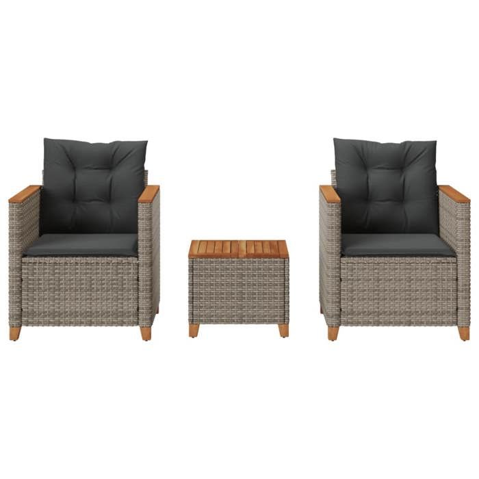 VidaXL Ensemble de Bistro avec Coussins 3 pcs, Chaises et Table de Patio, Meubles de Terrasse Extérieur, Gris Résine Tressée 366314