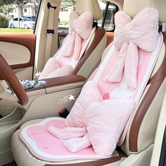 Plush Bow Car Headrest Pillow Lumbar Support Pillow Soft Comfortable Waist Pillow Elastic Bands Car Seat Back Cushion