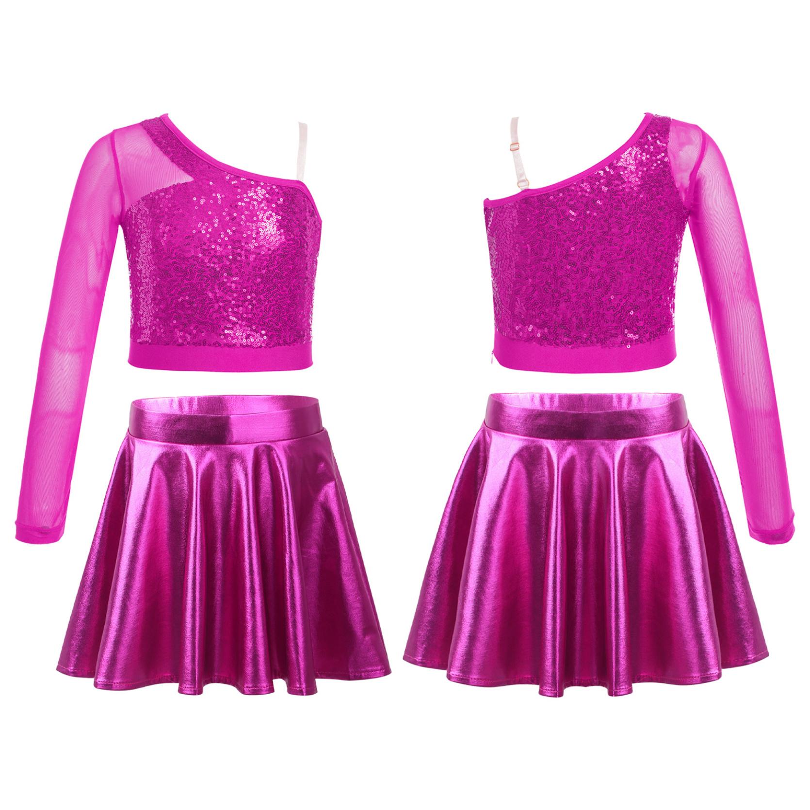 

Детский танцевальный костюм для девочек, танцевальный топ с блестками, укороченный топ на одно плечо с длинными рукавами и расклешенная юбка 13-14 Years горячий розовый