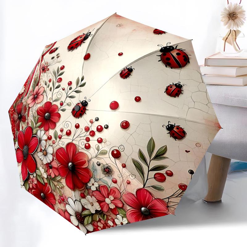 1pz Ombrello Automatico Apri/Chiudi con Coccinelle e Fiori, Struttura Robusta a 8 Stecche, Pieghevole/Apertura Automatica, Ombrello da Viaggio Portatile per Donne c25