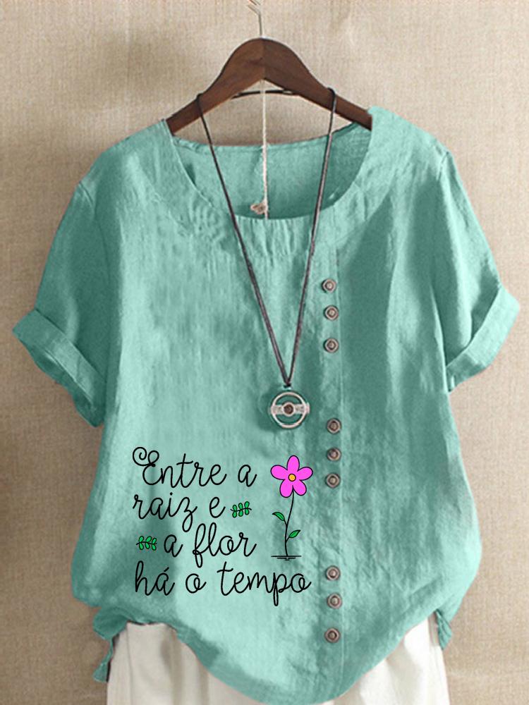 Women's Fashion Letter Print Casual Cotton Linen Short Sleeve Round Neck T-shirt Shirt Leisure Loose Summer Blouse Tops