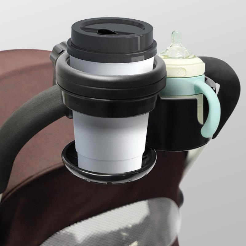1 Piece Universal Tricycle Pram Phone Cup Holder Adjustable Black Baby Stroller Cup Holder 2-In-1 Twin Bottle Holder