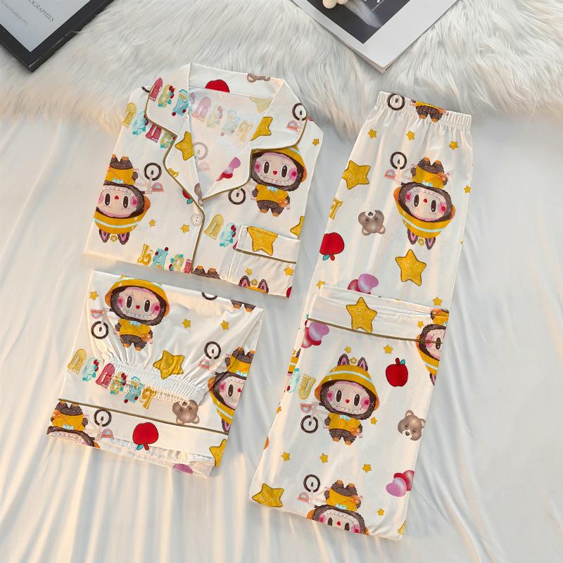 Sweet Girl Spring And Summer Short-Sleeved Pajamas Three-Piece Set Cute Cartoon Loose And Comfortable Loungewear