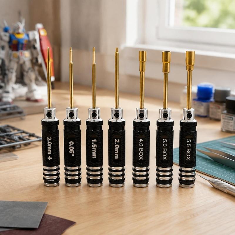 7-Piece Model Screwdriver and Nut Tool Set with Knurled Metal Grips and Size Labels for Scale-Model Assembly, Adjustment, and Maintenance Tasks