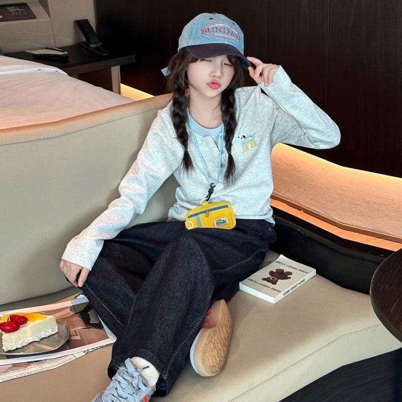 Girls Spring Long Sleeve T Shirt Fake Two Piece Top For Big Kids Students Round Neck Casual Blouse