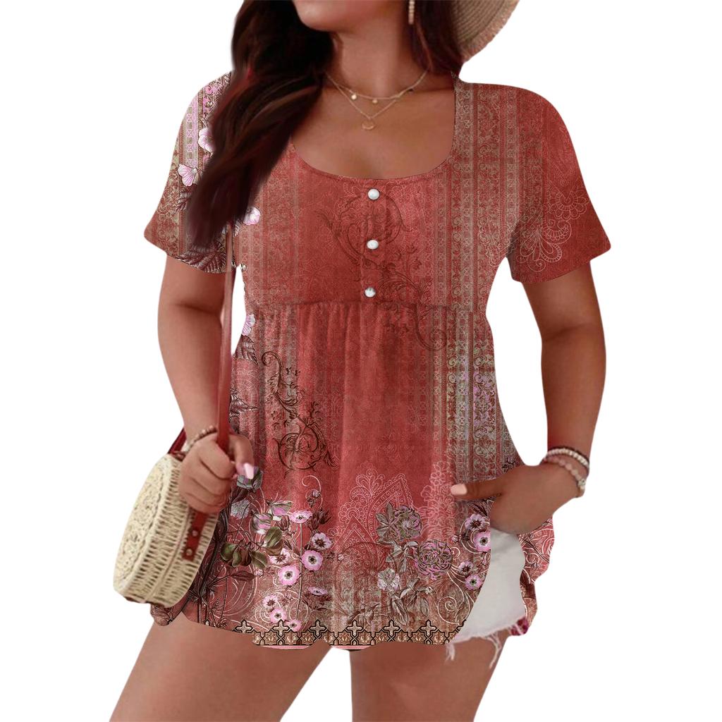 Women's Fashionable Casual Short Sleeve Loose Fit Button Front Printed Blouse