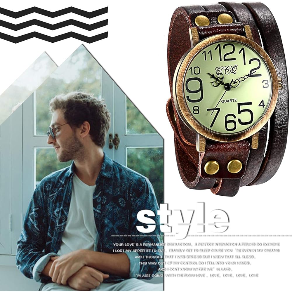 JewelryWe Antique Multi-Wrap Leather Band Watch Analog Display Quartz for Men, Women, Kids - Brown Color