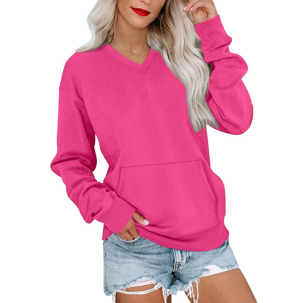 Women's Casual Fashion Solid Color V-Neck Long Sleeve Sweatshirt Lightweight Pullover With Pockets Warm Sweatshirt