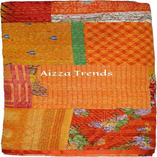 Aizza Trends Cuvertură Kantha din bumbac pur lucrată manual - Pătură decorativă tradițională indiană-Cuvertură vintage din sari de mătase de bumbac