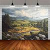 2D Retro Farm Workers Mountain Valley Wall Hanging Backdrop