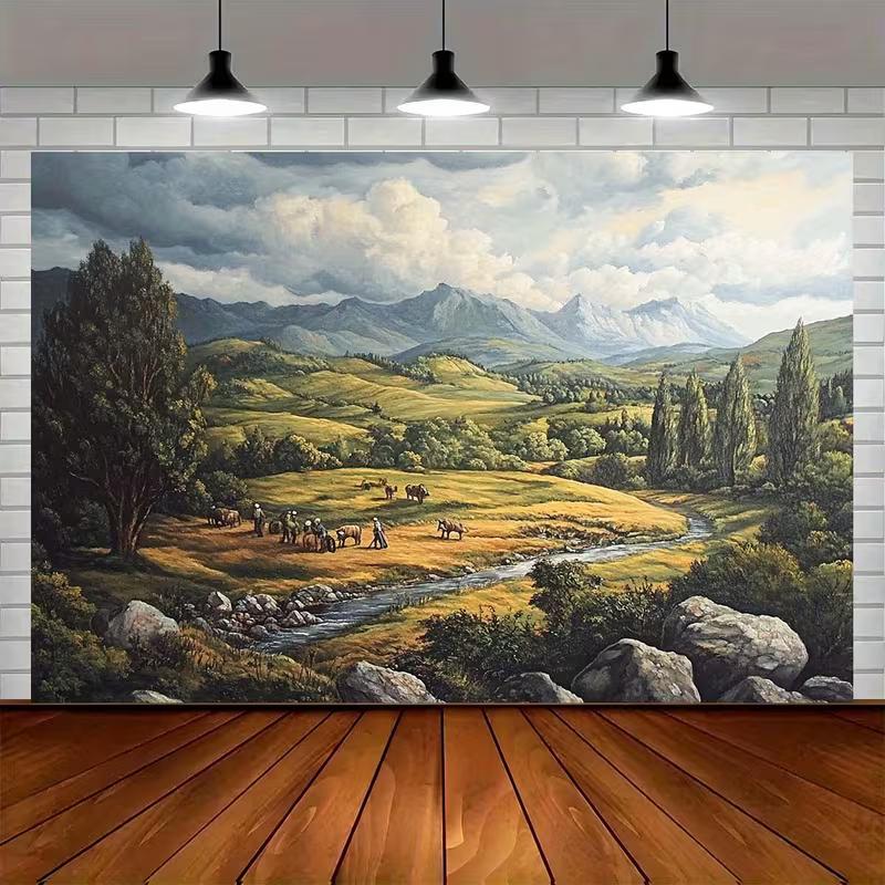 2D Retro Farm Workers Mountain Valley Wall Hanging Backdrop 47.2x31.5inch/120*80cm