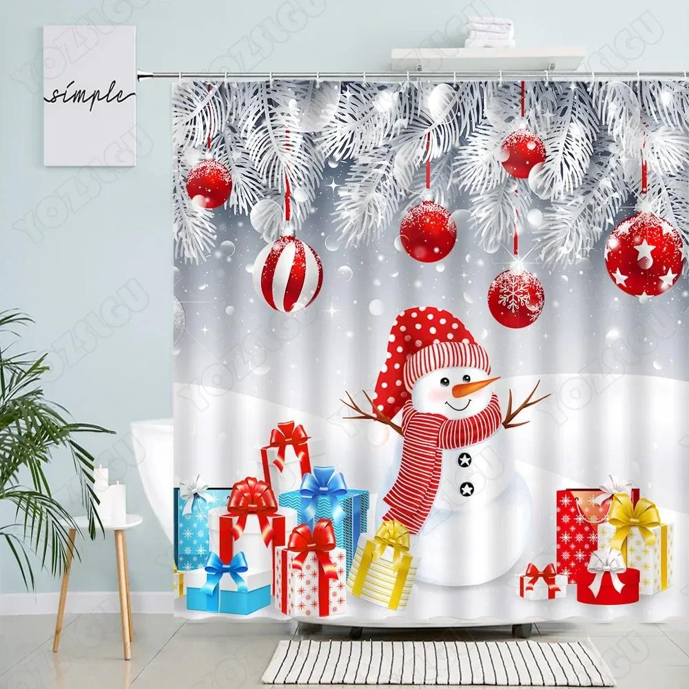 

Cute Snowman Christmas Shower Curtains Red Rope Ball Pine Branch Snow Gift Creative Xmas New Year Bathroom Decor Bath Curtain W60H190(CM)-1 Pcs