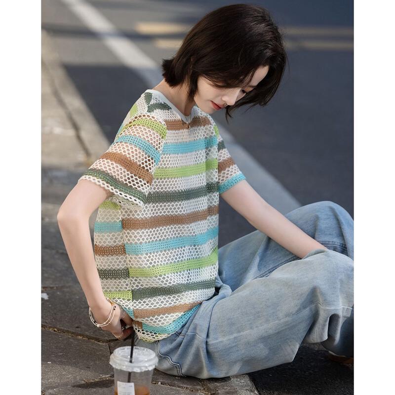 De Mana Women's Cloud Cotton Striped Short-Sleeve T-Shirt