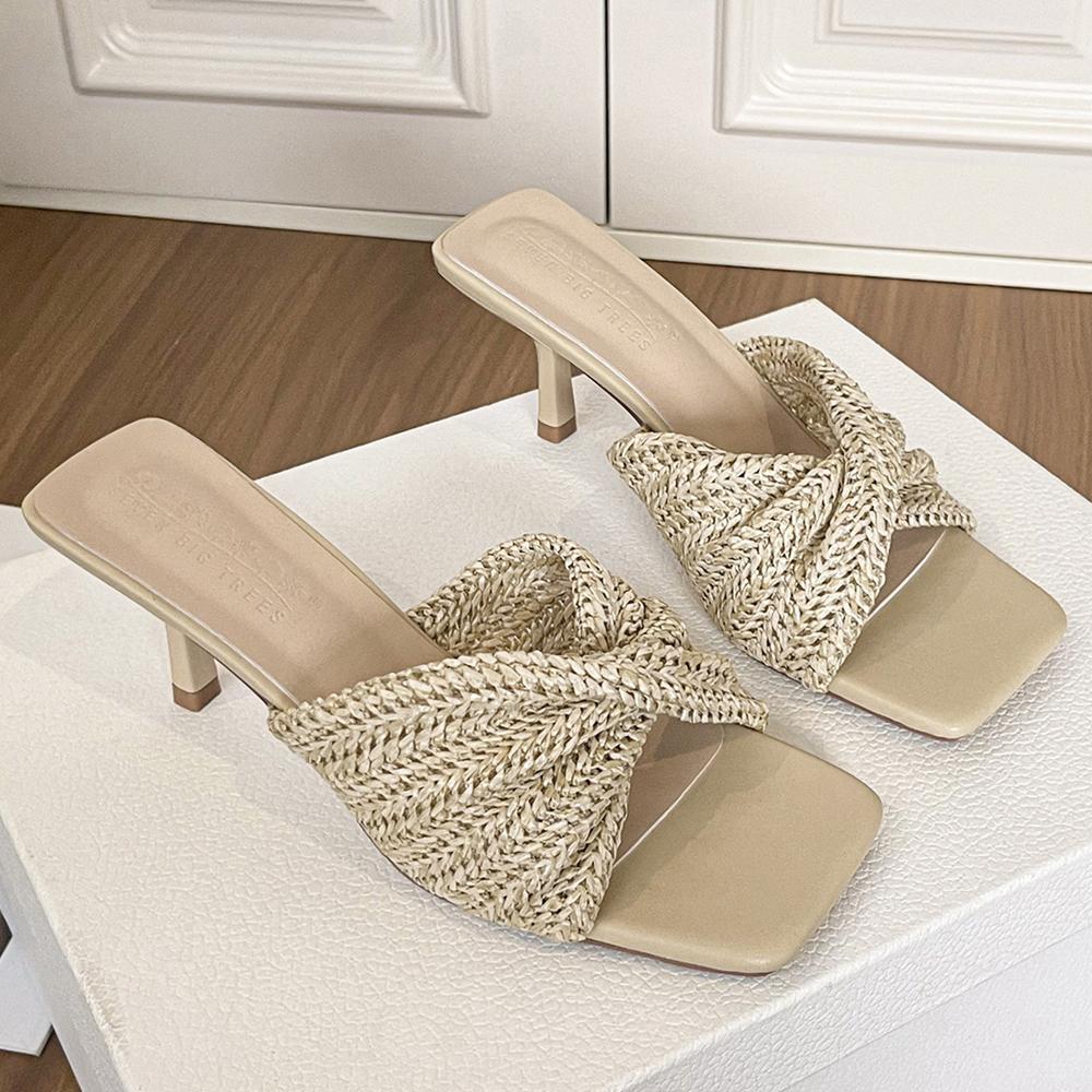 Fashion Fashion Women's Sandals Mule Heels Square Toe High-heeled Sandals Woman Summer Shoes Weaving Design High Heels Stiletto 6.5 CM