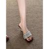 French Beautiful One-word Sandals Women's Summer Wear 2025 New Rhinestone with Suede Temperament High-heeled Cool Slippers