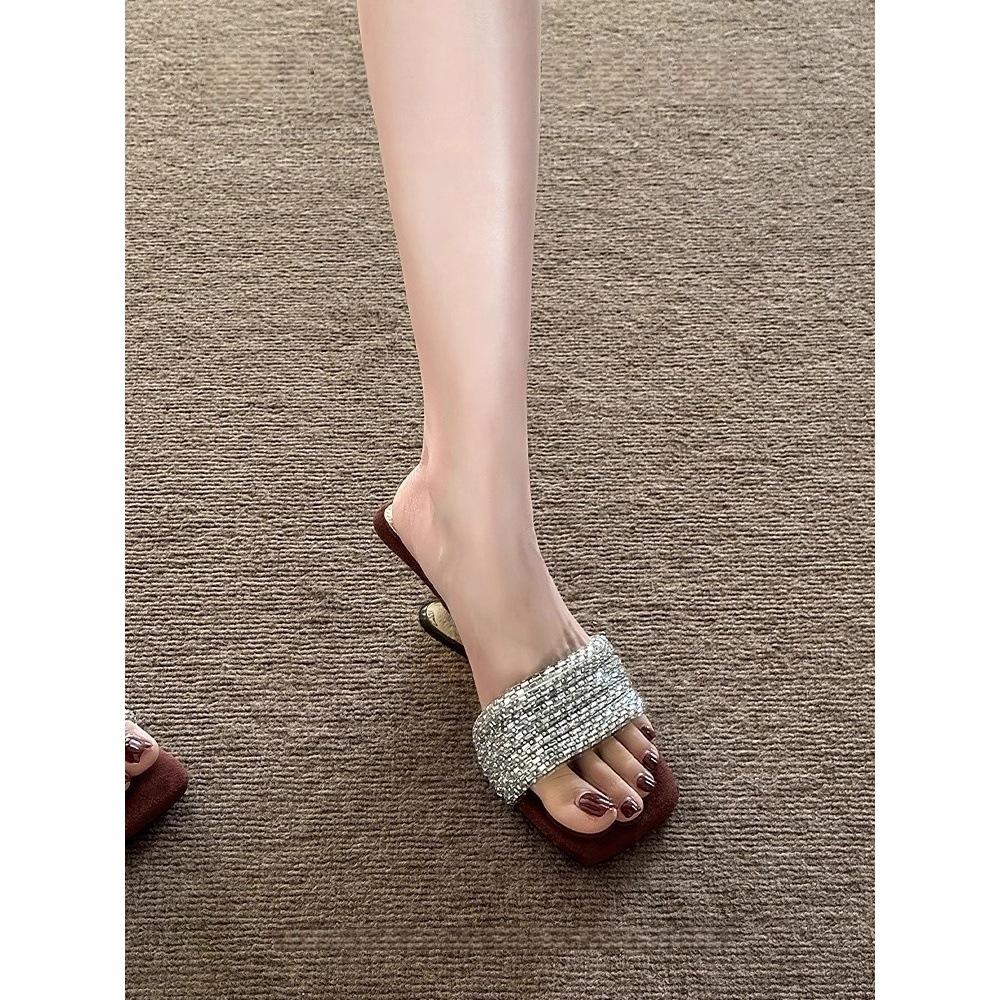 French Beautiful One-word Sandals Women's Summer Wear 2025 New Rhinestone with Suede Temperament High-heeled Cool Slippers