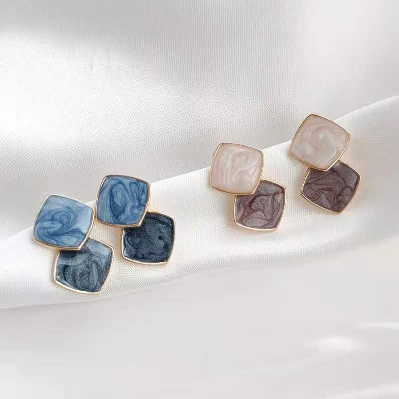 New Korean Fashion Enamel Double Square Drop Earrings Geometric Unique Blue Rhombus Hang Earrings For Women Trendy Zircon Gifts