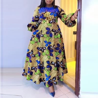 Women Plus Size Lace Round Neck Long Sleeve Floral Print Dresses
