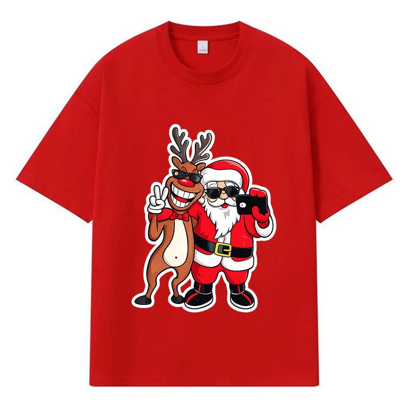 2026 Weihnachtsmann und Rentier Bedrucktes Grafik Y2k Harajuku Streetwear 100% Baumwolle T-Shirt Lässig Übergroß Sommer Herren T-Shirt