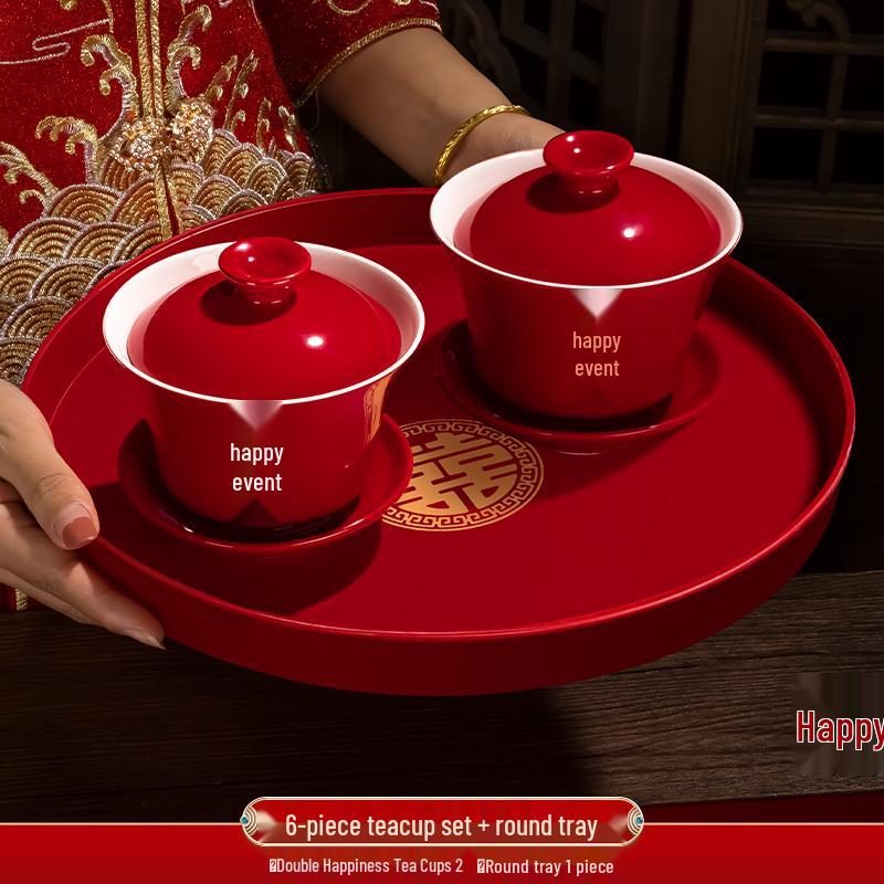 Festive Red Wedding Tea Set: Lidded Bowls, Tea Cups, and Chopsticks