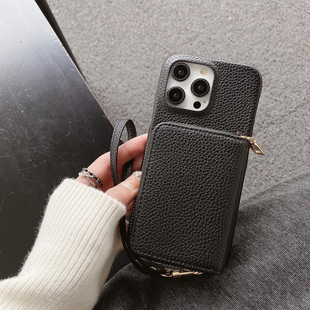 Für iPhone 16 Pro Hülle Reißverschluss Kartenfächer PU Leder Handy Rückseite mit Handschlaufe