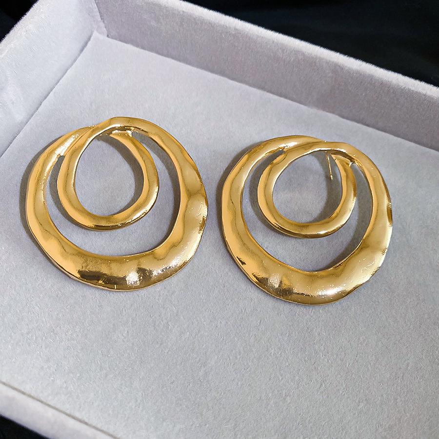 Exaggerated Metallic Double Layer Round Silver Needle Stud Earrings for Women - Stylish, Simple, High-End Fashion