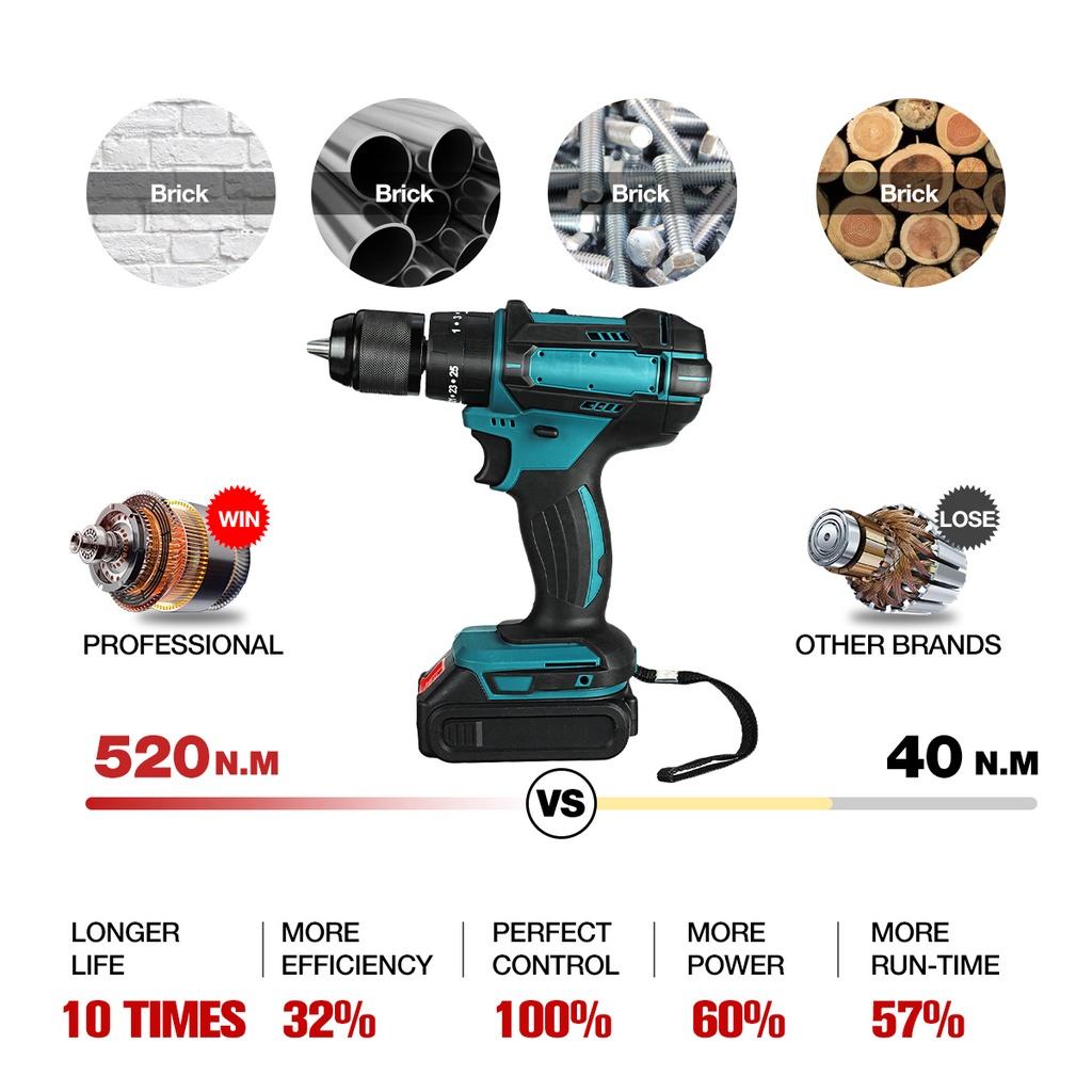 520N.M 13mm 10mm Chuck Torque Electric Drill Flat Hammer Impact Drilling Electric Screwdriver for 18V Battery 3 IN 1