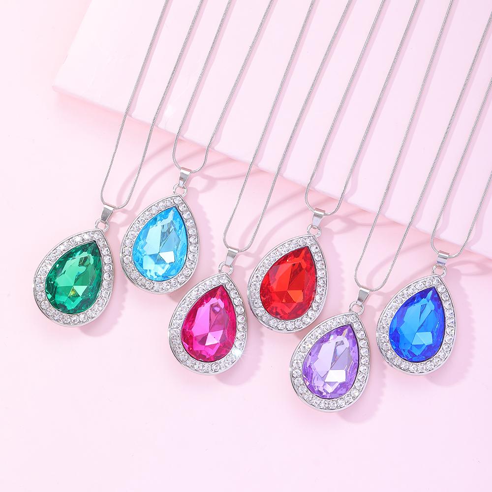 6 Colors Pretty Water Drop Crystal Pendant Necklace Blue Green Purple Pink Rhinestone Heart Choker For Women Girls Party Gift