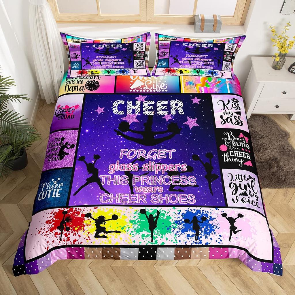 Cheerleading Mädchen Bettbezug-Sets Doppelgröße, Gymnastik Tanz Liebhaber Bettwäsche-Set für Teenagerzimmer Dekor, Aquarell Graffiti Punkte