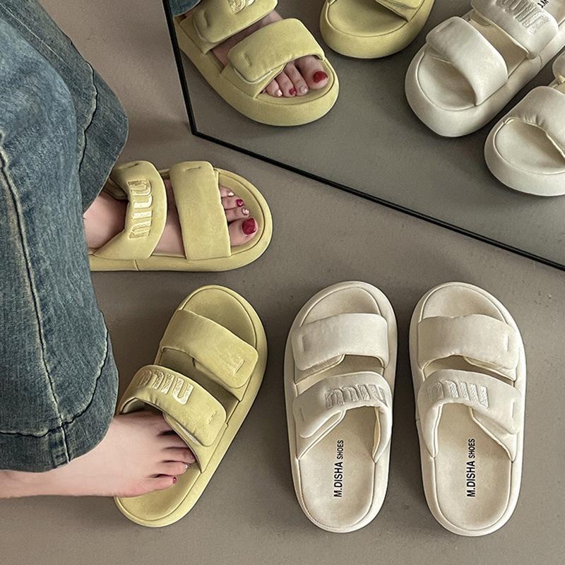 Stylish Simple and Versatile Velcro Platform Slippers Women's 2025 Summer New Casual One-word Drag Casual Cool Slippers